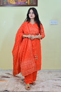 Women's Orange Hand Block Print Cotton Kurta Set with Dupatta | Ethnic Indian Suit Set | Festive & Casual Wear