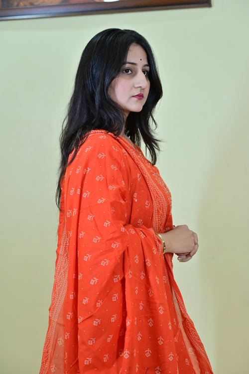 Women's Orange Hand Block Print Cotton Kurta Set with Dupatta | Ethnic Indian Suit Set | Festive & Casual Wear